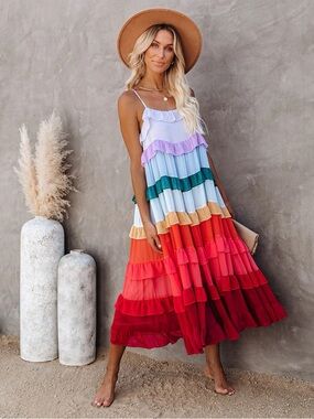 Storia Multicolor Tiered Maxi Dress with Spaghetti Straps